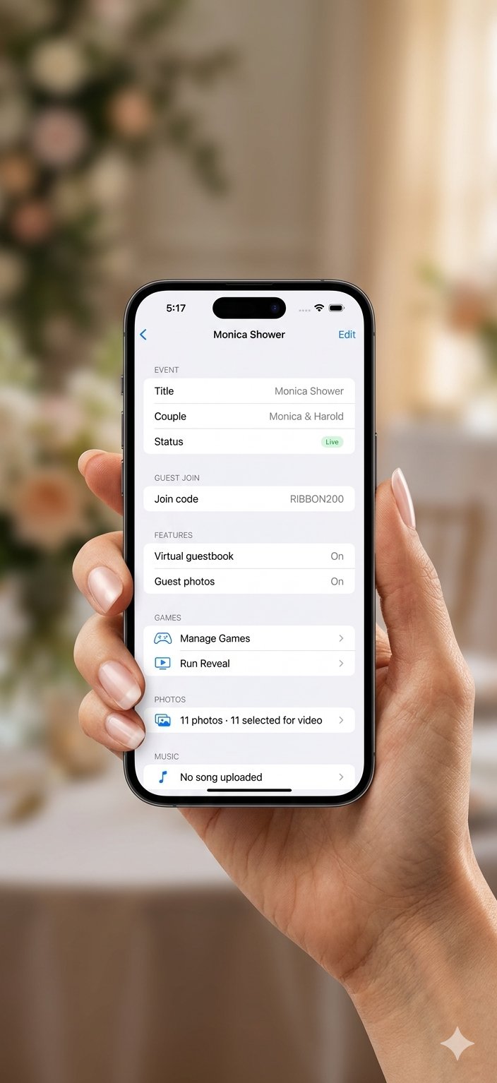 An iPhone showing the host's event screen: event name, join code, features, games and photos.